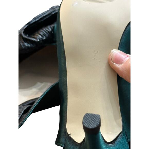 FSJ Green Satin Pointed Toe Low Heel Black Bow Slingback Pump Heels Size 7 - Picture 8 of 11